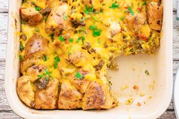 Bagel Breakfast Casserole with Sausage, Egg, and Cheese in a casserole dish