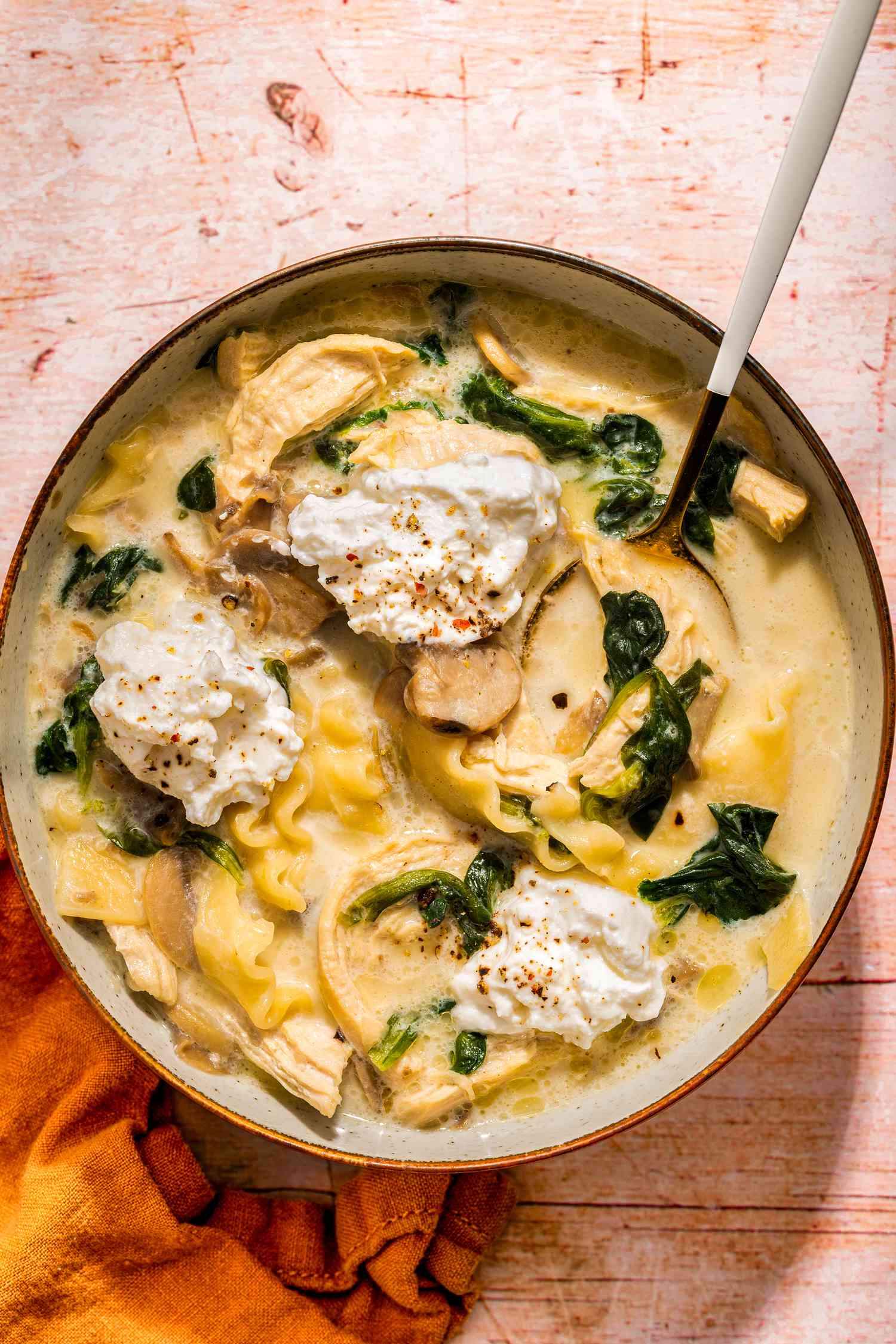 bowl of white chicken lasagna soup