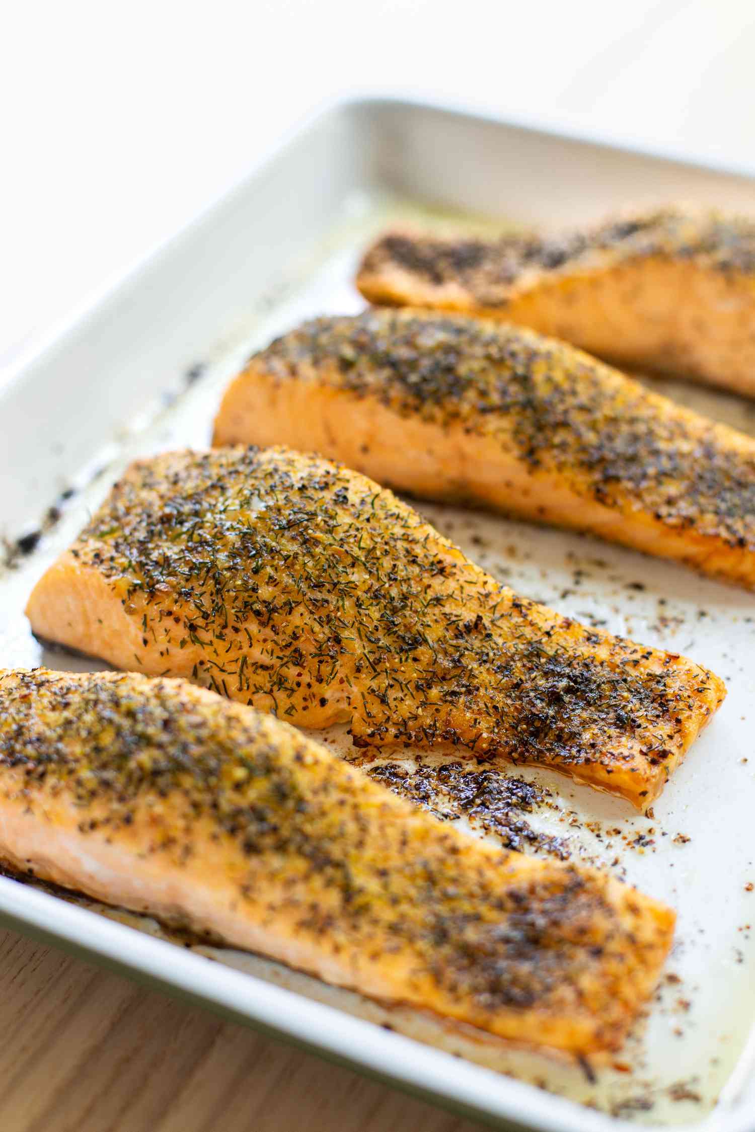 Baked salmon on a white platter