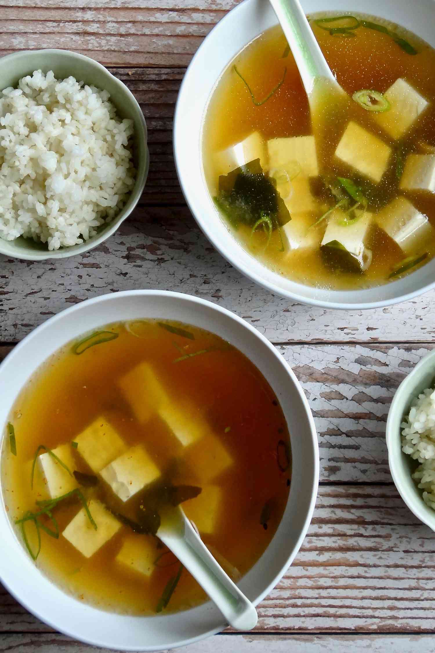 Overhead view of two bowls of homemade miso soup